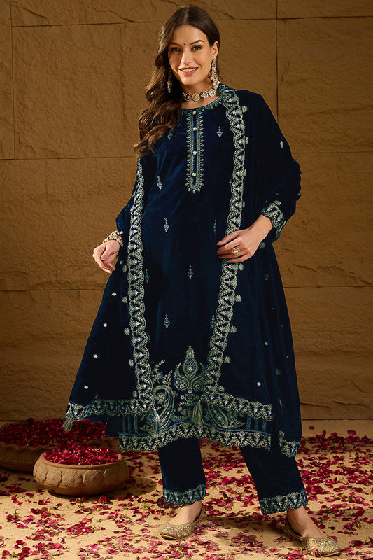 Blue Velvet Solid Embroidered Straight Trousers Suit Set PKSKD2277