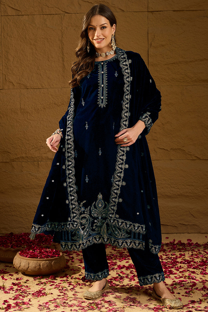 Blue Velvet Solid Embroidered Straight Trousers Suit Set PKSKD2277