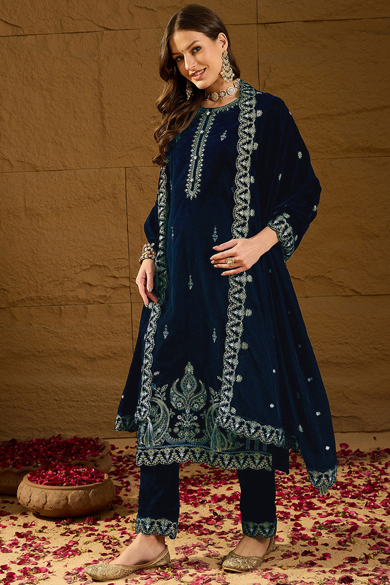 Blue Velvet Solid Embroidered Straight Trousers Suit Set PKSKD2277