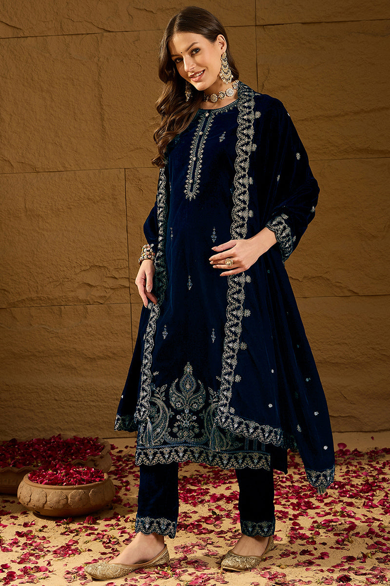 Blue Velvet Solid Embroidered Straight Trousers Suit Set PKSKD2277