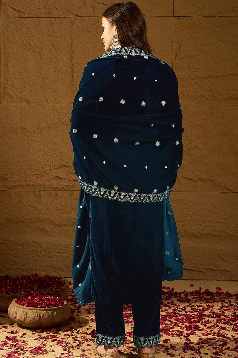 Blue Velvet Solid Embroidered Straight Trousers Suit Set PKSKD2277