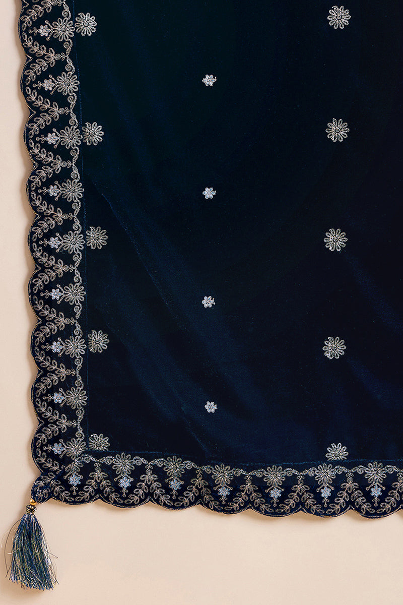 Blue Velvet Solid Embroidered Straight Trousers Suit Set PKSKD2277