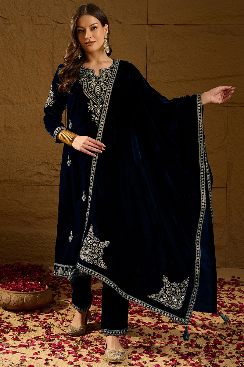 Navy Blue Velvet Solid Embroidered Straight Trousers Suit Set PKSKD2286