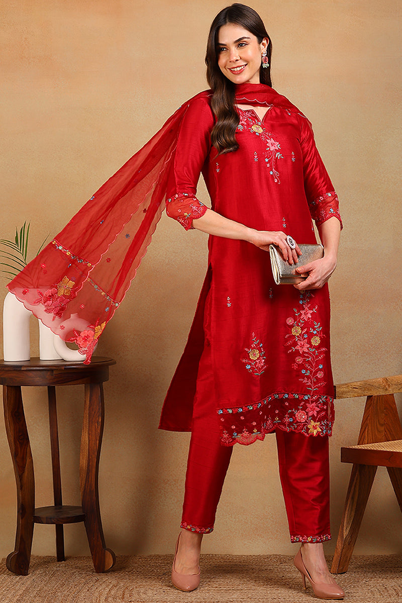 Red Silk Blend Solid Embroidered Straight Regular Suit Set PKSKD2298