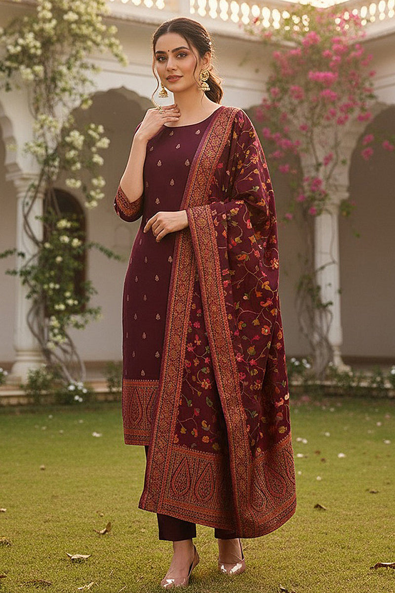 Burgundy Poly Chanderi Woven Design Straight Suit Set PKSKD2306