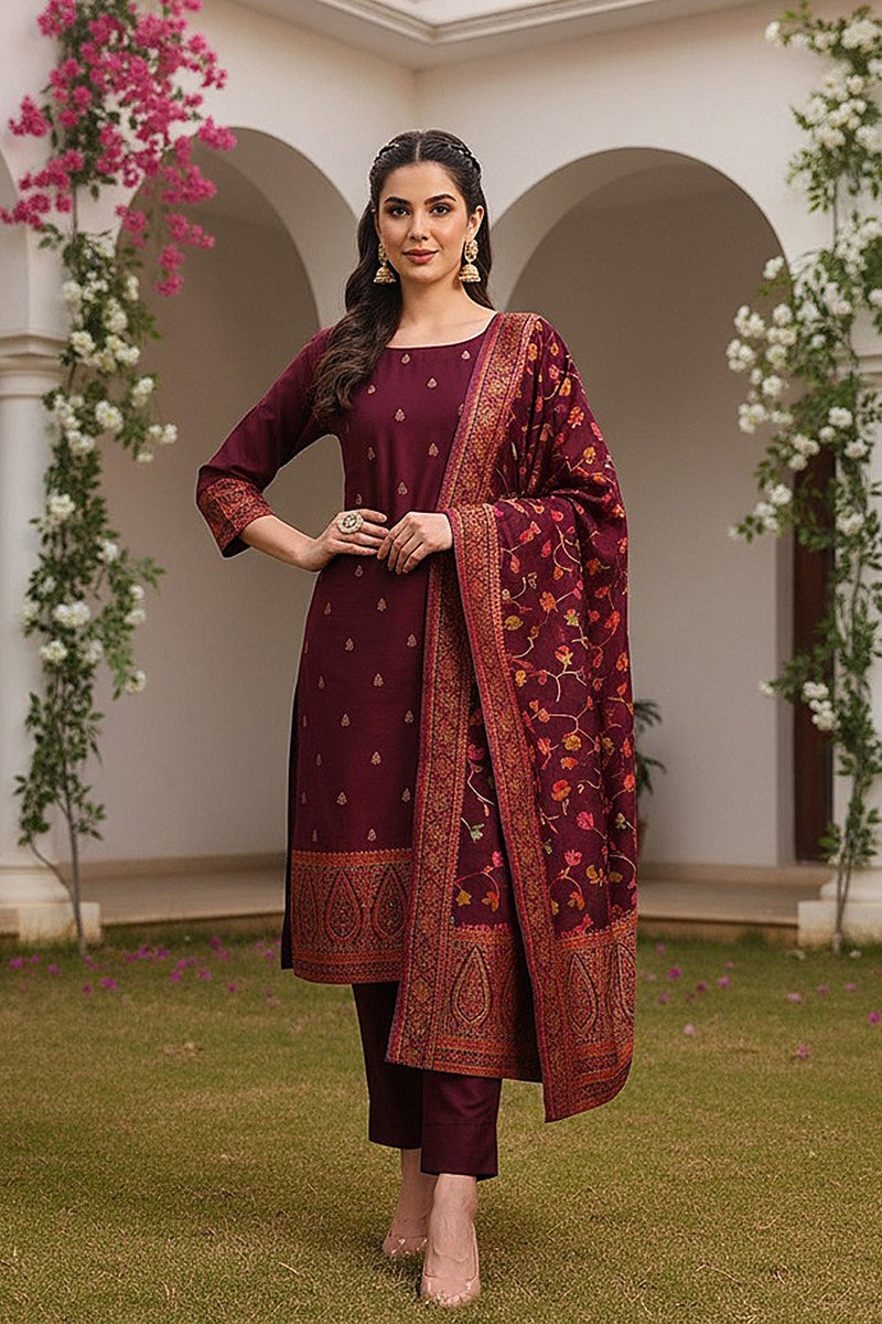 Burgundy Poly Chanderi Woven Design Straight Suit Set PKSKD2306