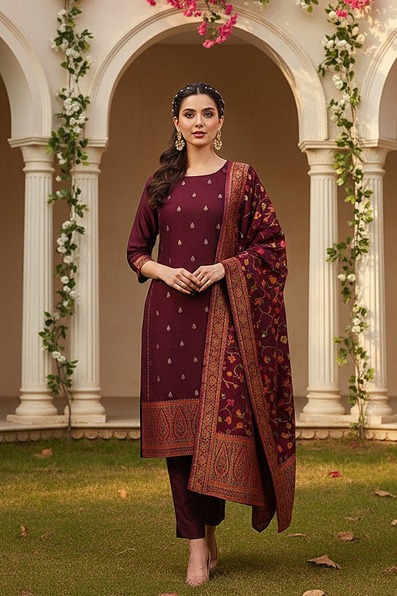 Burgundy Poly Chanderi Woven Design Straight Suit Set PKSKD2306