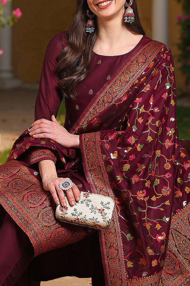 Burgundy Poly Chanderi Woven Design Straight Suit Set PKSKD2306