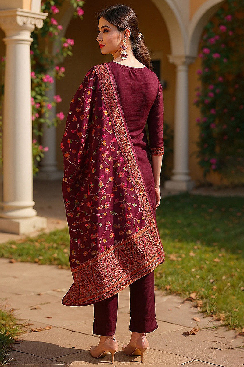 Burgundy Poly Chanderi Woven Design Straight Suit Set PKSKD2306