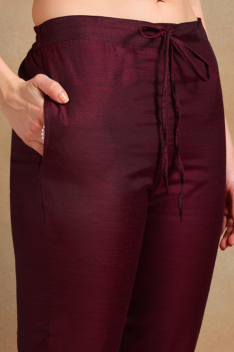Burgundy Poly Chanderi Woven Design Straight Suit Set PKSKD2306