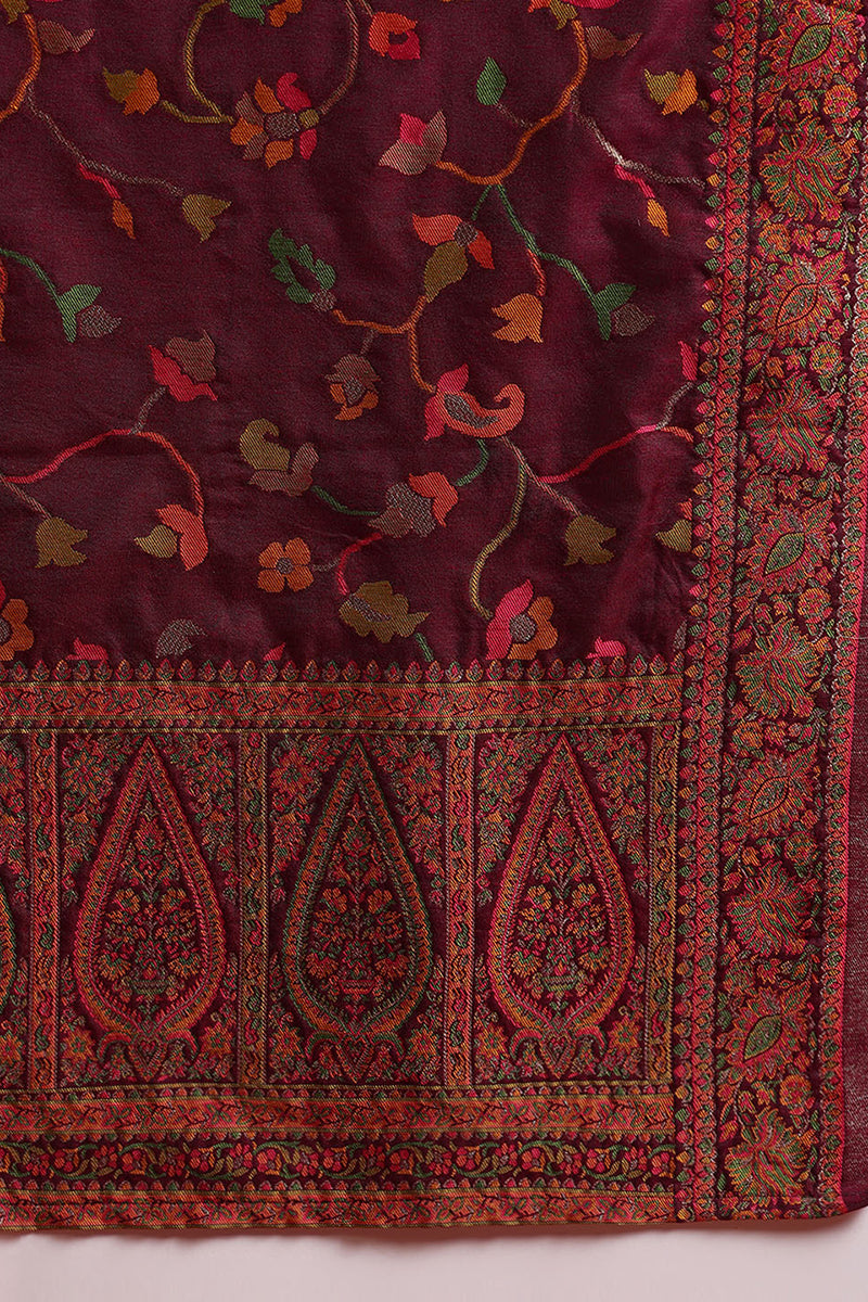 Burgundy Poly Chanderi Woven Design Straight Suit Set PKSKD2306