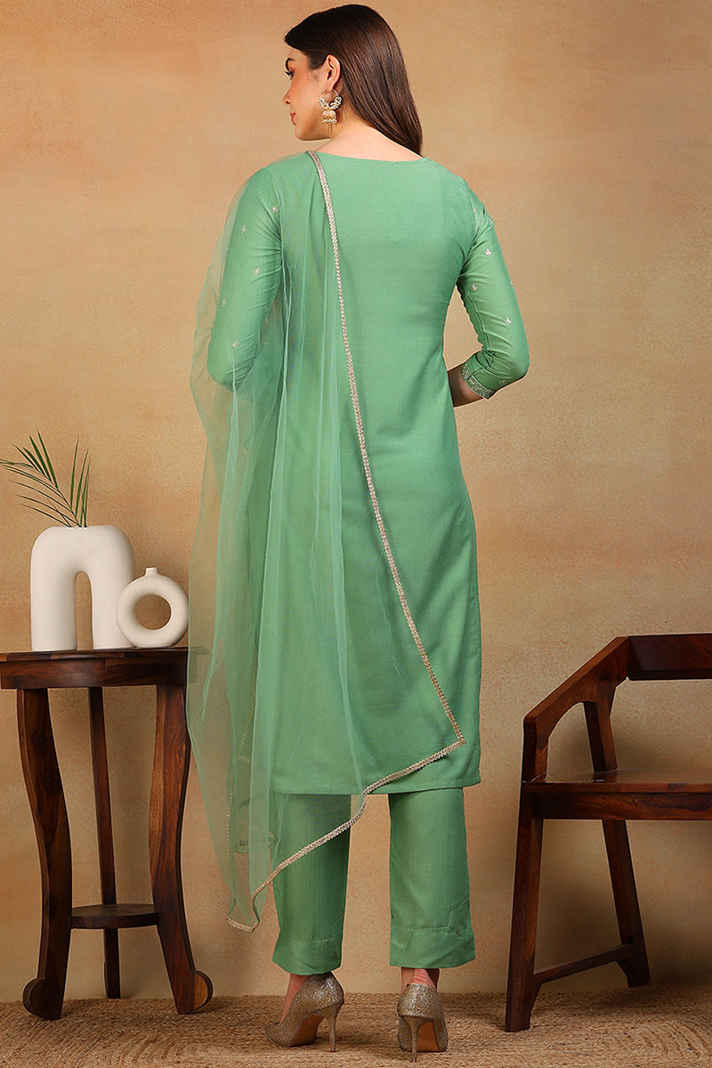 Green Silk Blend Solid Embroidered Straight Suit Set PKSKD2308
