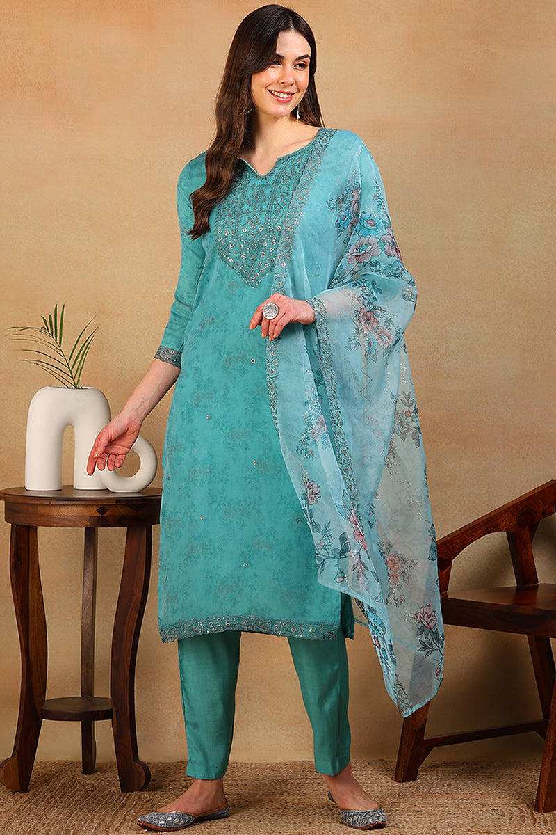 Turquoise Blue Organza Floral Embroidered Straight Regular Suit Set PKSKD2312