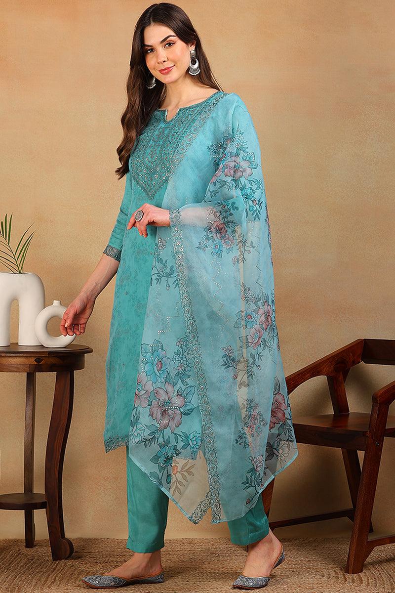 Turquoise Blue Organza Floral Embroidered Straight Regular Suit Set PKSKD2312