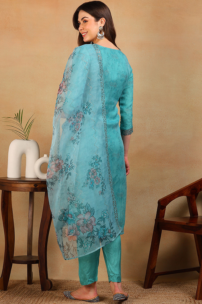 Turquoise Blue Organza Floral Embroidered Straight Regular Suit Set PKSKD2312