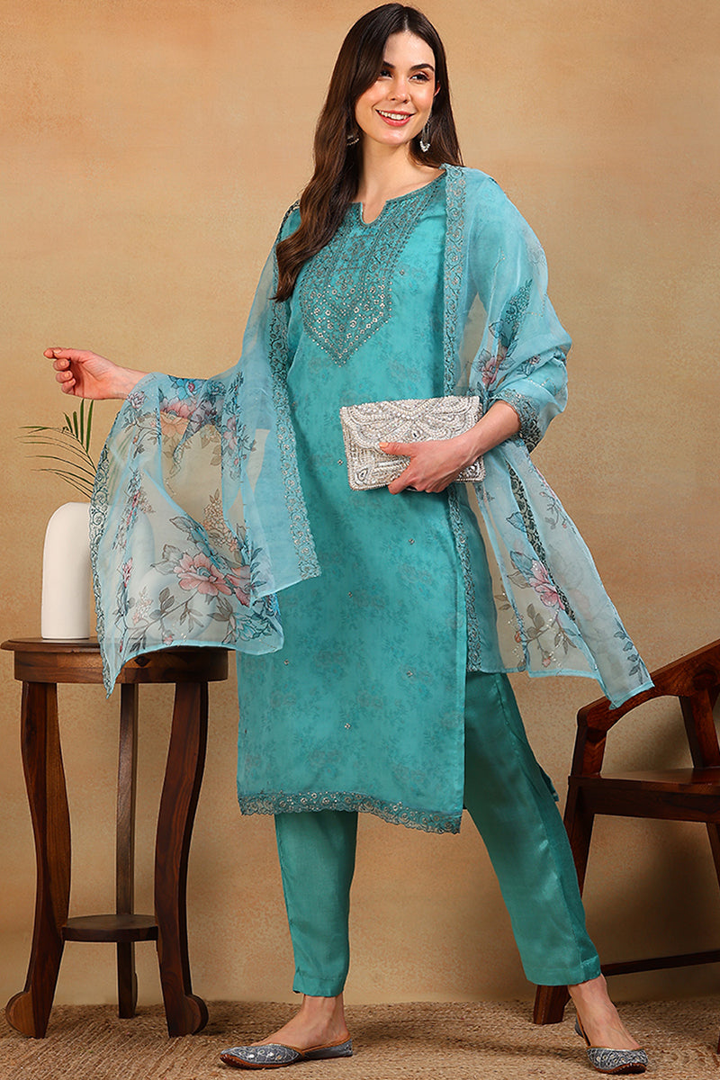 Turquoise Blue Organza Floral Embroidered Straight Regular Suit Set PKSKD2312