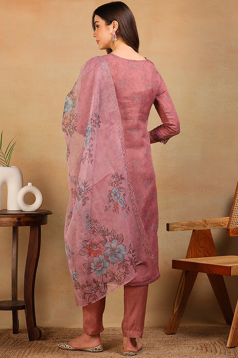 Mauve Organza Floral Embroidered Straight Regular Suit Set PKSKD2313