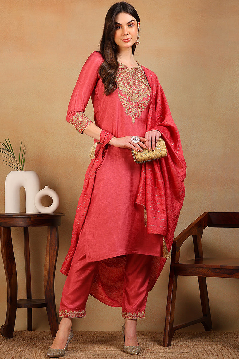 Rust Red Silk Blend Solid Embroidered Straight Suit Set PKSKD2315