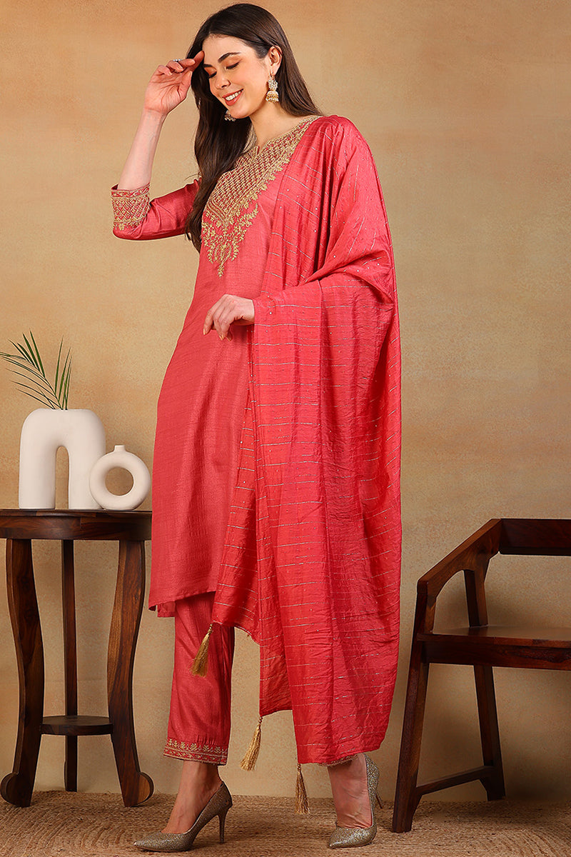 Rust Red Silk Blend Solid Embroidered Straight Suit Set PKSKD2315