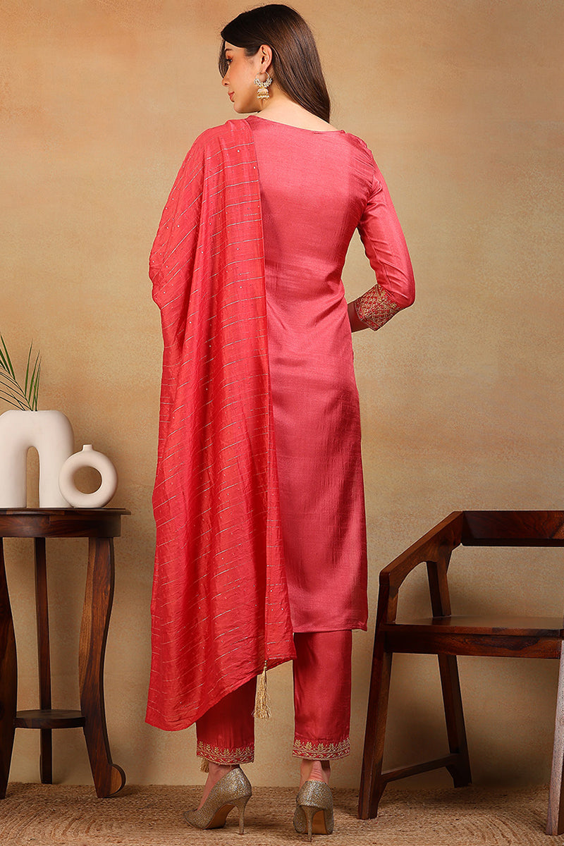 Rust Red Silk Blend Solid Embroidered Straight Suit Set PKSKD2315