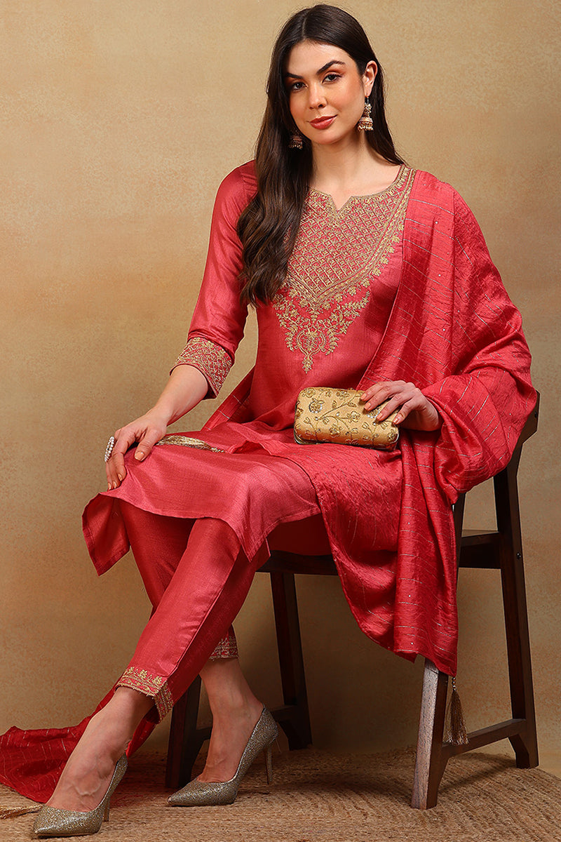 Rust Red Silk Blend Solid Embroidered Straight Suit Set PKSKD2315