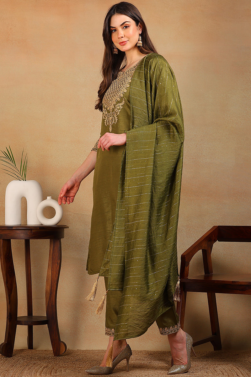 Olive Green Silk Blend Solid Embroidered Straight Suit Set PKSKD2316