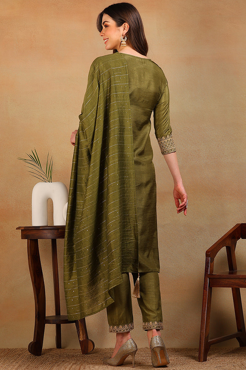 Olive Green Silk Blend Solid Embroidered Straight Suit Set PKSKD2316