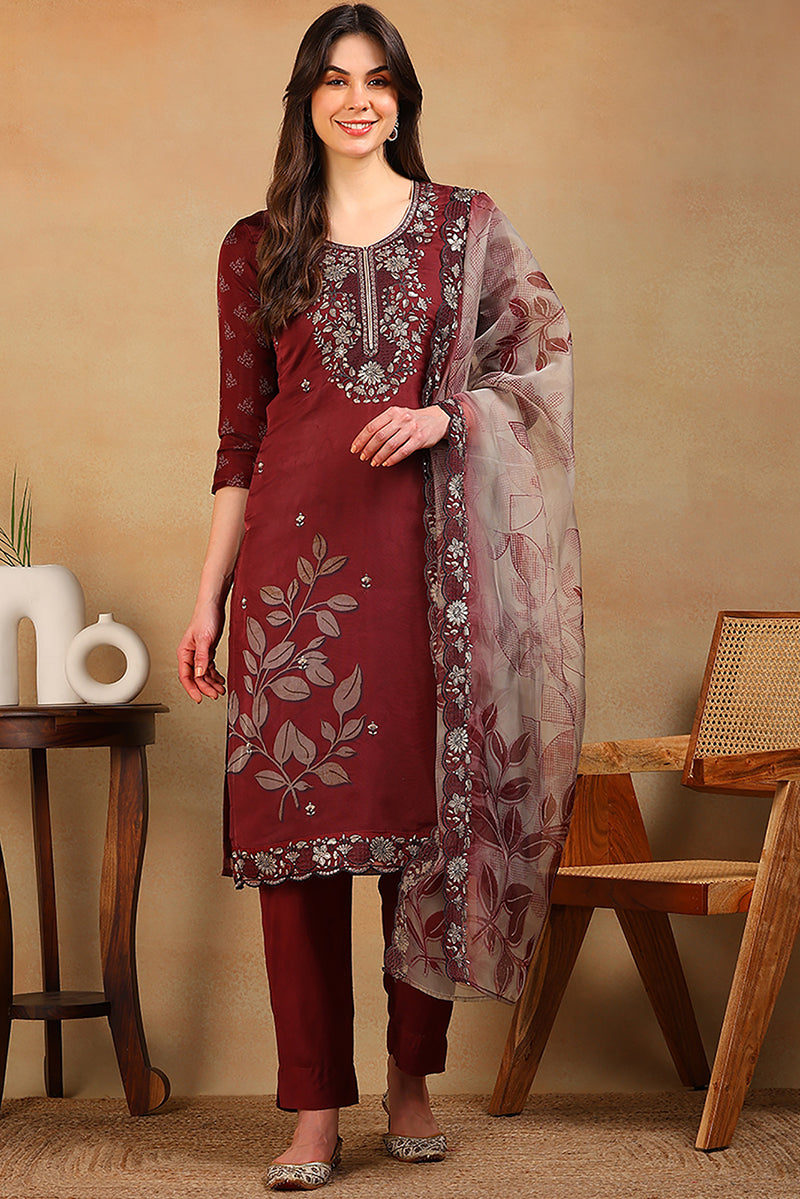 Rust Red Organza Floral Embroidered Straight Suit Set PKSKD2318
