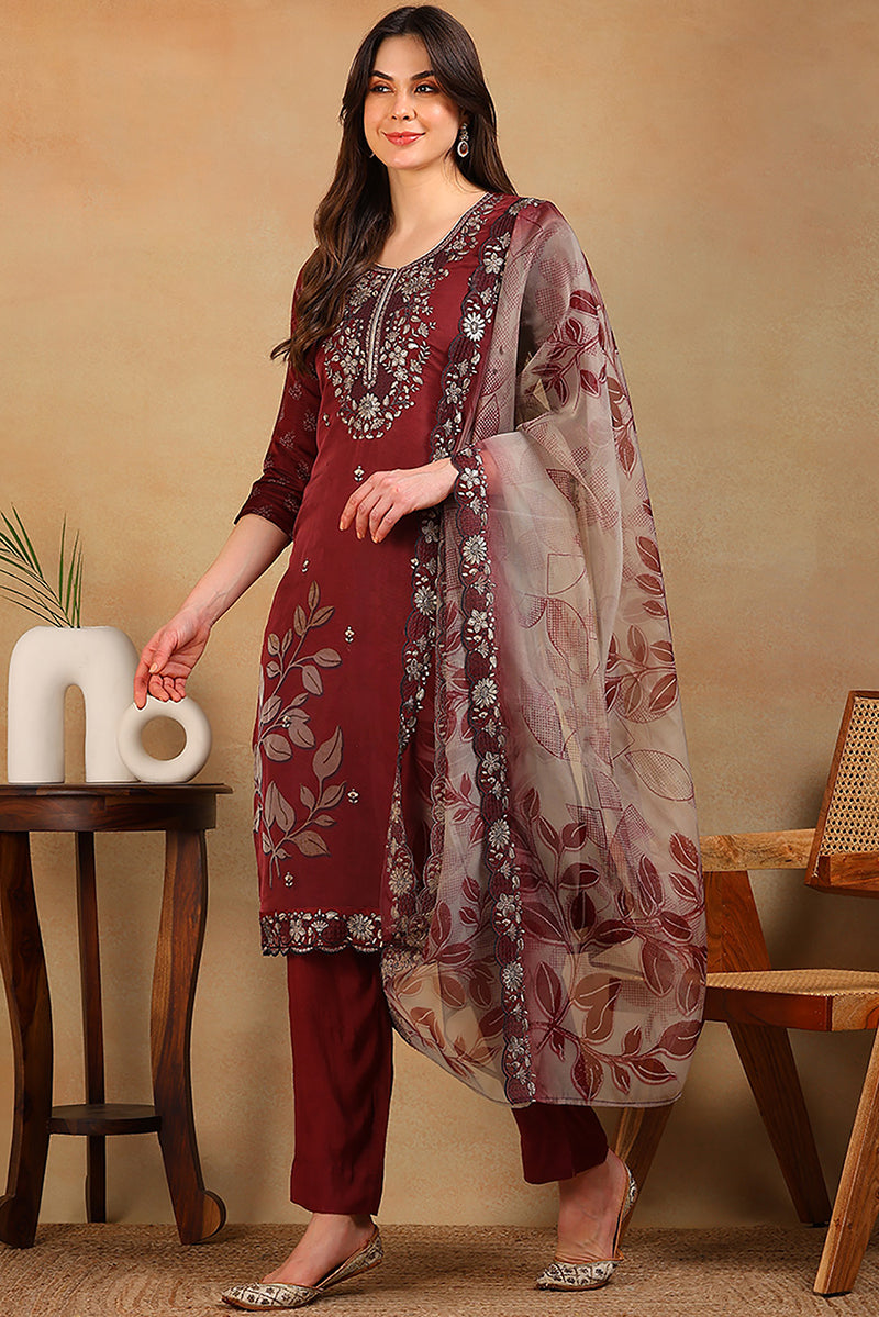 Rust Red Organza Floral Embroidered Straight Suit Set PKSKD2318