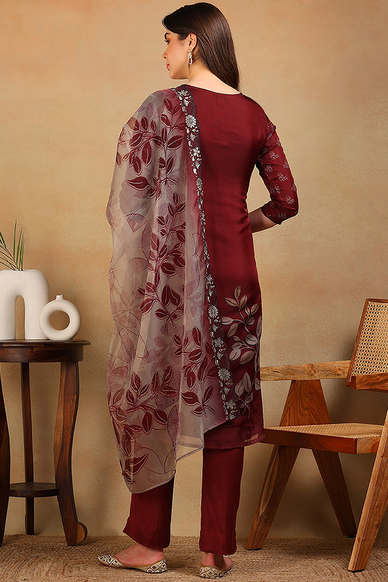 Rust Red Organza Floral Embroidered Straight Suit Set PKSKD2318