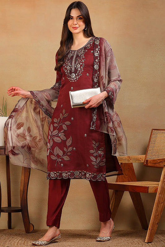 Rust Red Organza Floral Embroidered Straight Suit Set PKSKD2318