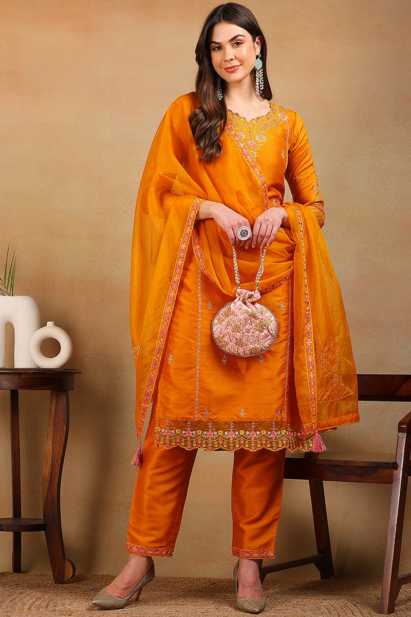 Mustard Yellow Silk Blend Solid Embroidered Straight Suit Set PKSKD2319