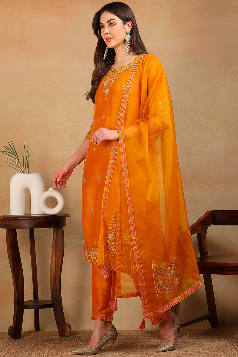 Mustard Yellow Silk Blend Solid Embroidered Straight Suit Set PKSKD2319