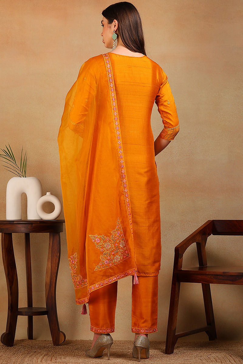 Mustard Yellow Silk Blend Solid Embroidered Straight Suit Set PKSKD2319