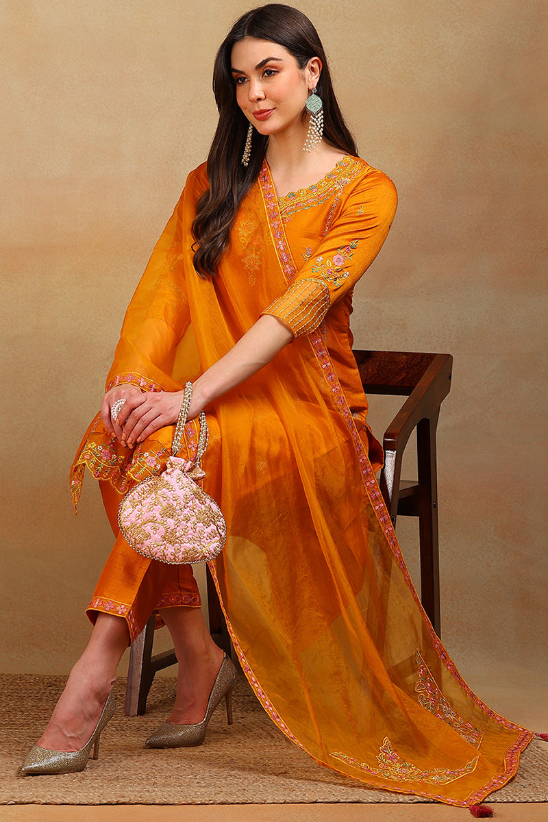 Mustard Yellow Silk Blend Solid Embroidered Straight Suit Set PKSKD2319