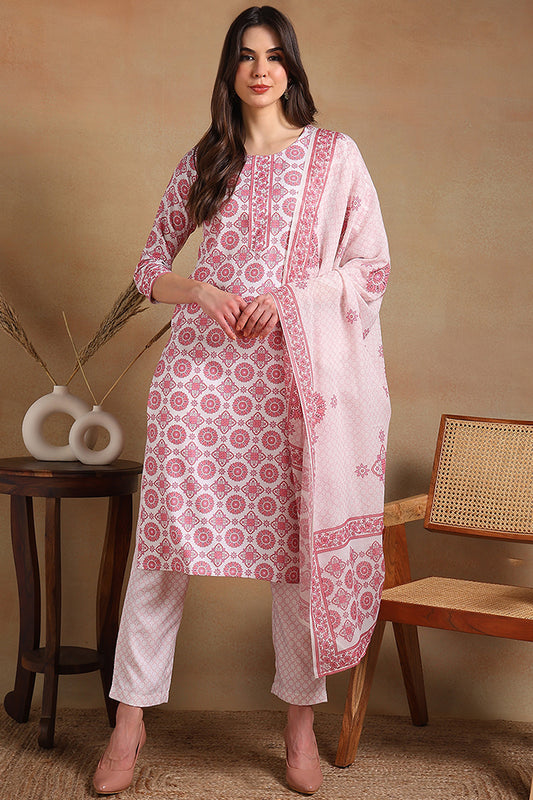 Off White Rayon Blend Printed Straight Suit Set PKSKD2327