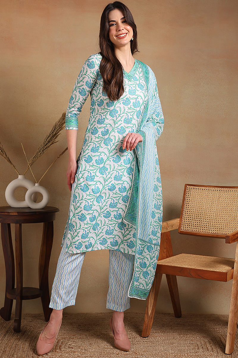 Off White Poly Rayon Printed Straight Suit Set PKSKD2328