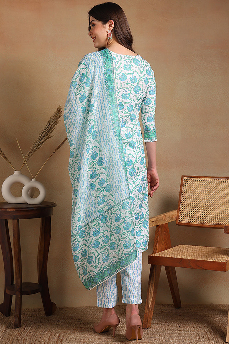 Off White Poly Rayon Printed Straight Suit Set PKSKD2328
