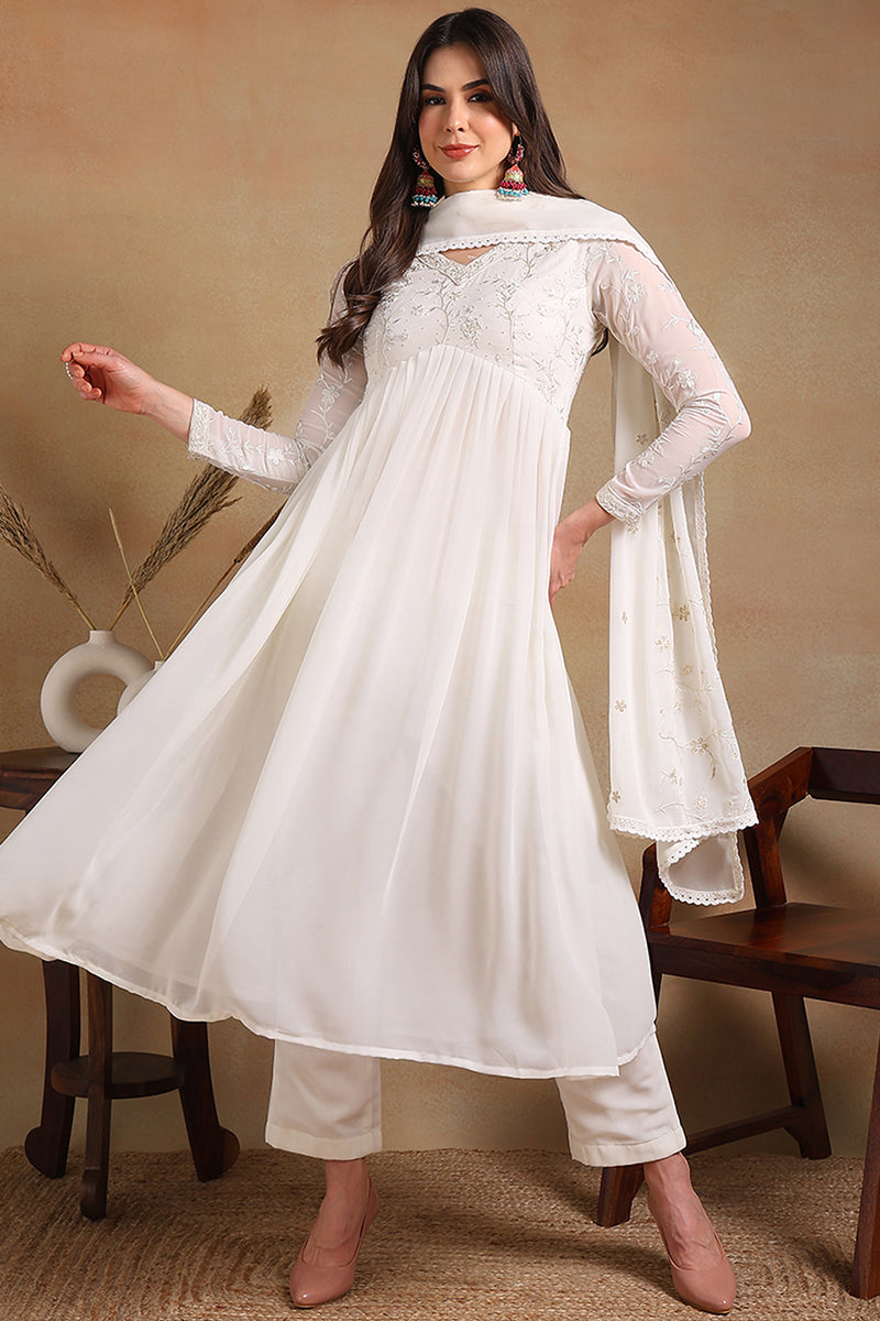 Off White Poly Georgette Embroidered A-Line Suit Set PKSKD2337