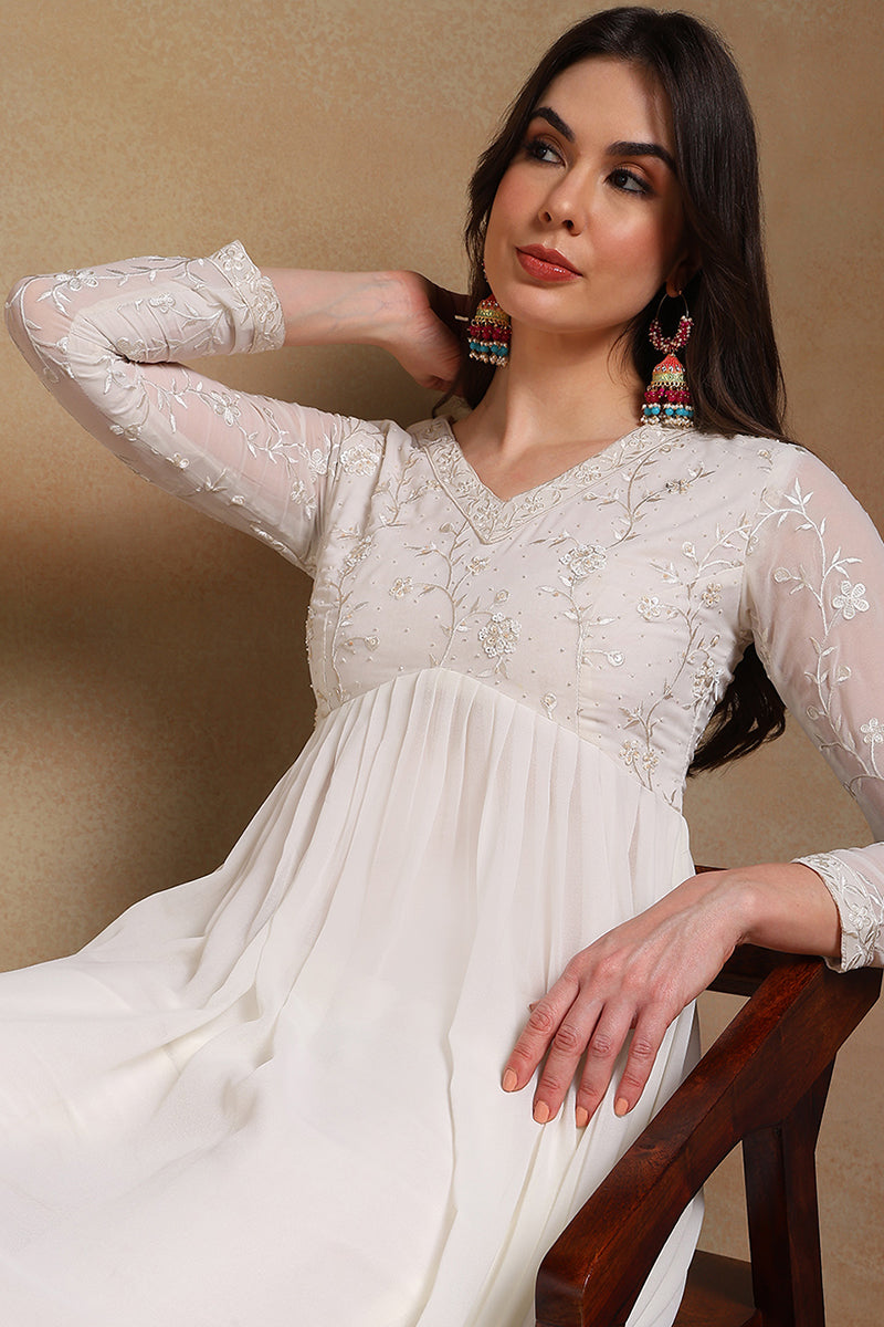Off White Poly Georgette Embroidered A-Line Suit Set PKSKD2337