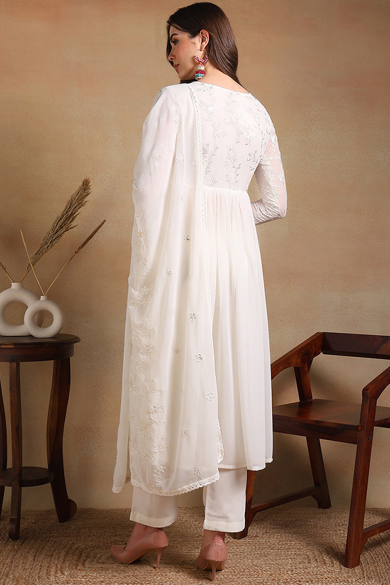 Off White Poly Georgette Embroidered A-Line Suit Set PKSKD2337
