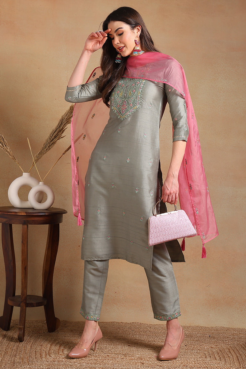 Grey Silk Blend Floral Embroidered Straight Trouser Suit Set PKSKD2339