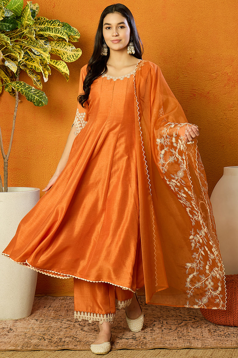 Orange Silk Blend Solid Embroidered Flared Suit Set PKSKD2364