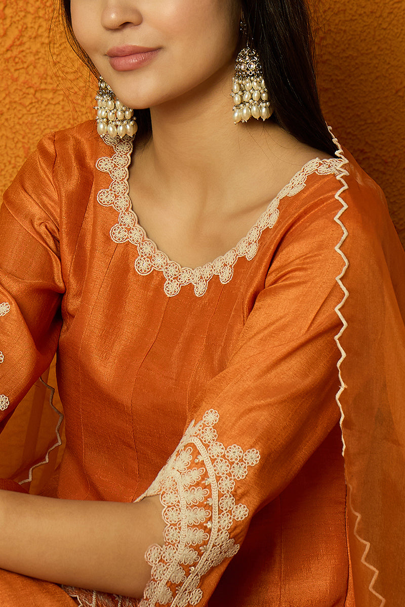 Orange Silk Blend Solid Embroidered Flared Suit Set PKSKD2364