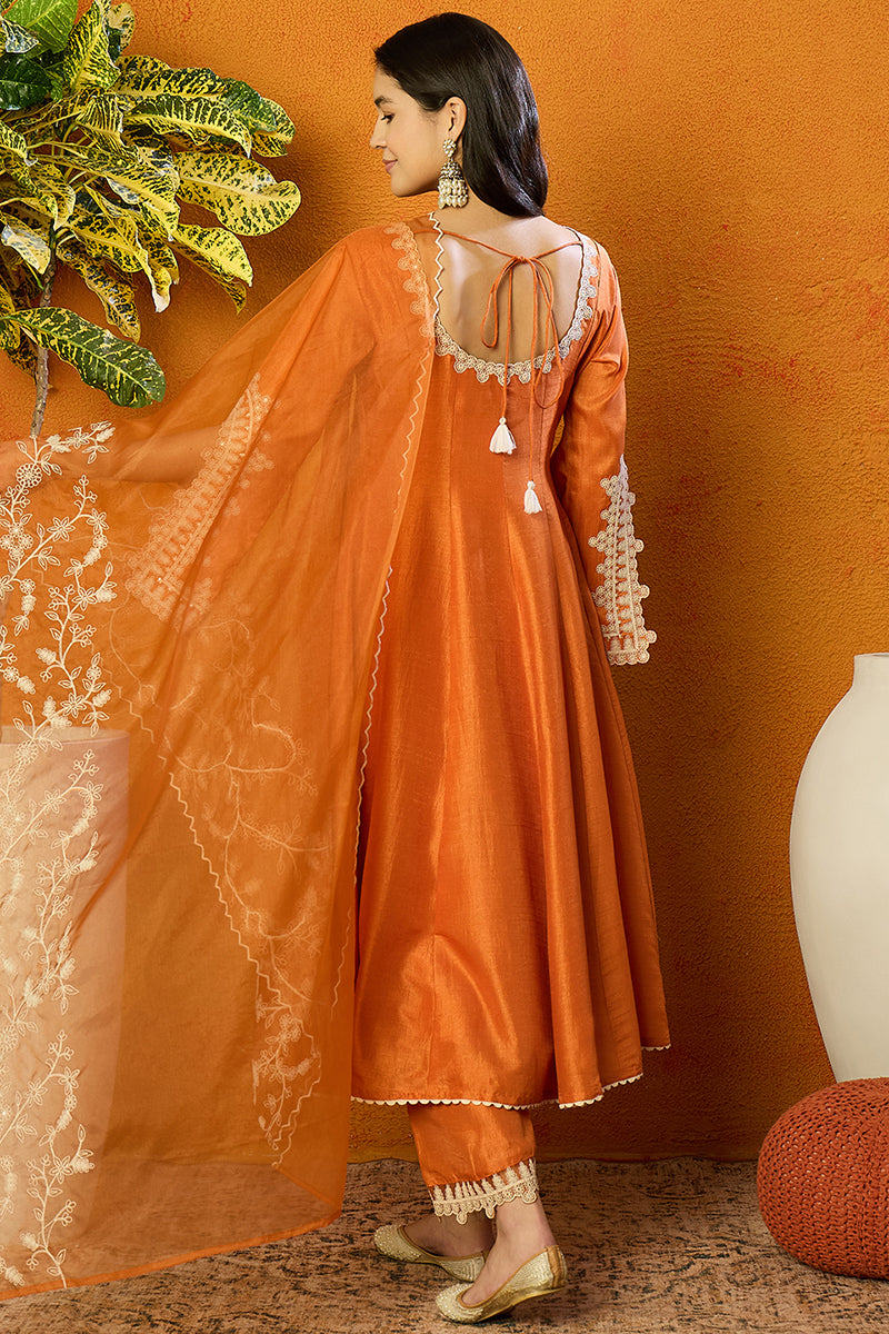 Orange Silk Blend Solid Embroidered Flared Suit Set PKSKD2364