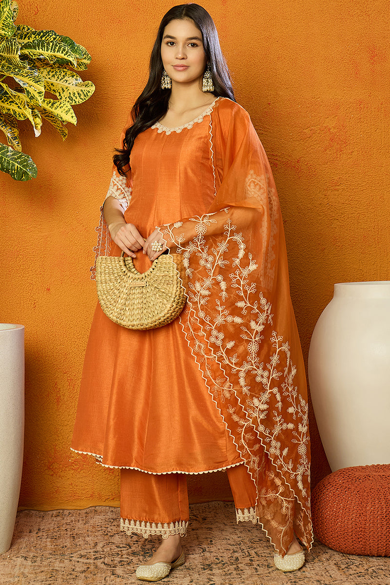 Orange Silk Blend Solid Embroidered Flared Suit Set PKSKD2364