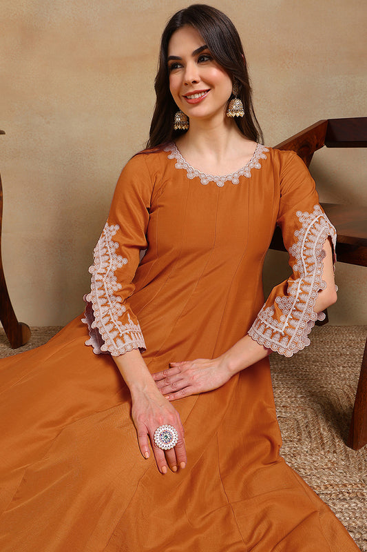 Orange Silk Blend Solid Embroidered Flared Suit Set PKSKD2364