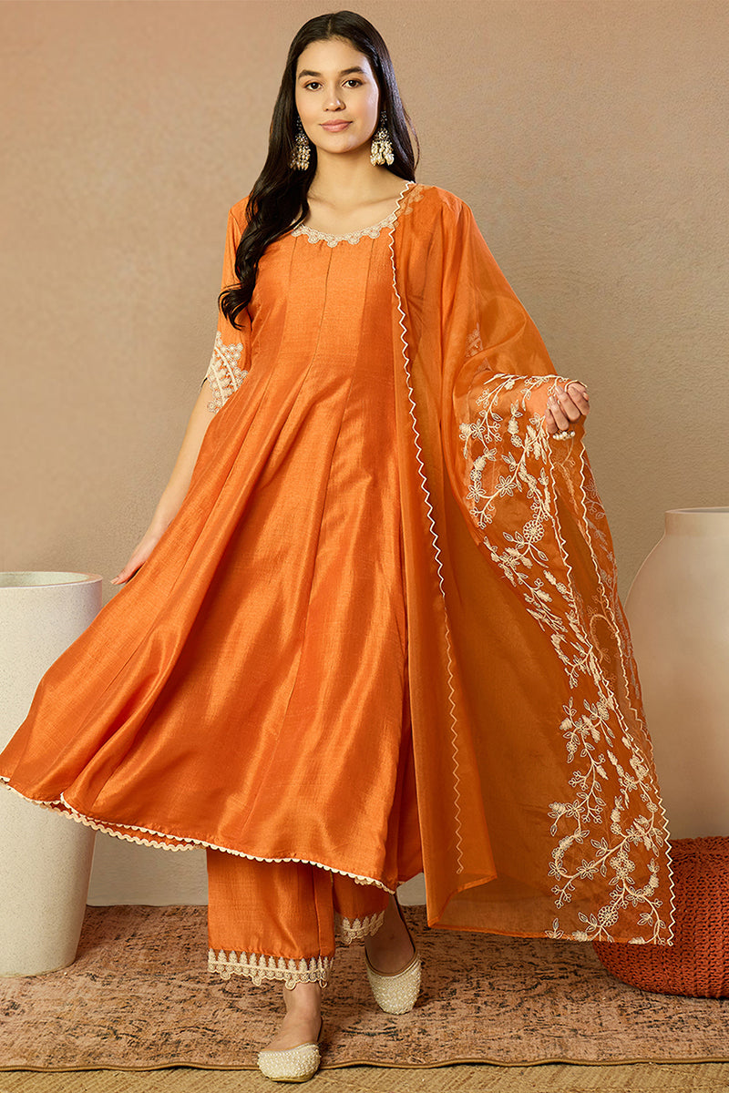 Orange Silk Blend Solid Embroidered Flared Suit Set PKSKD2364