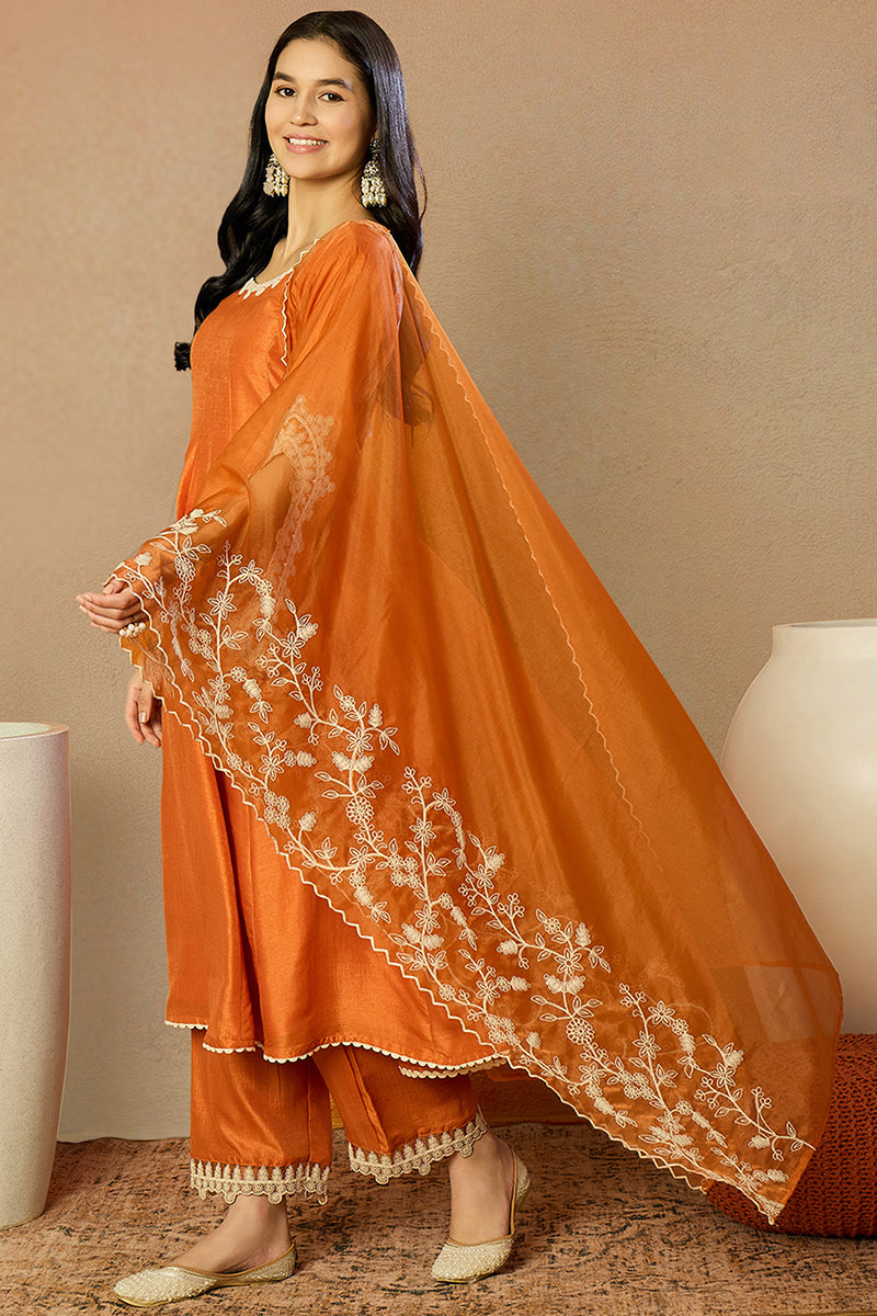 Orange Silk Blend Solid Embroidered Flared Suit Set PKSKD2364