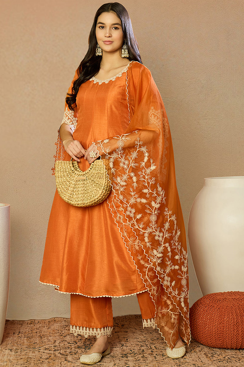 Orange Silk Blend Solid Embroidered Flared Suit Set PKSKD2364